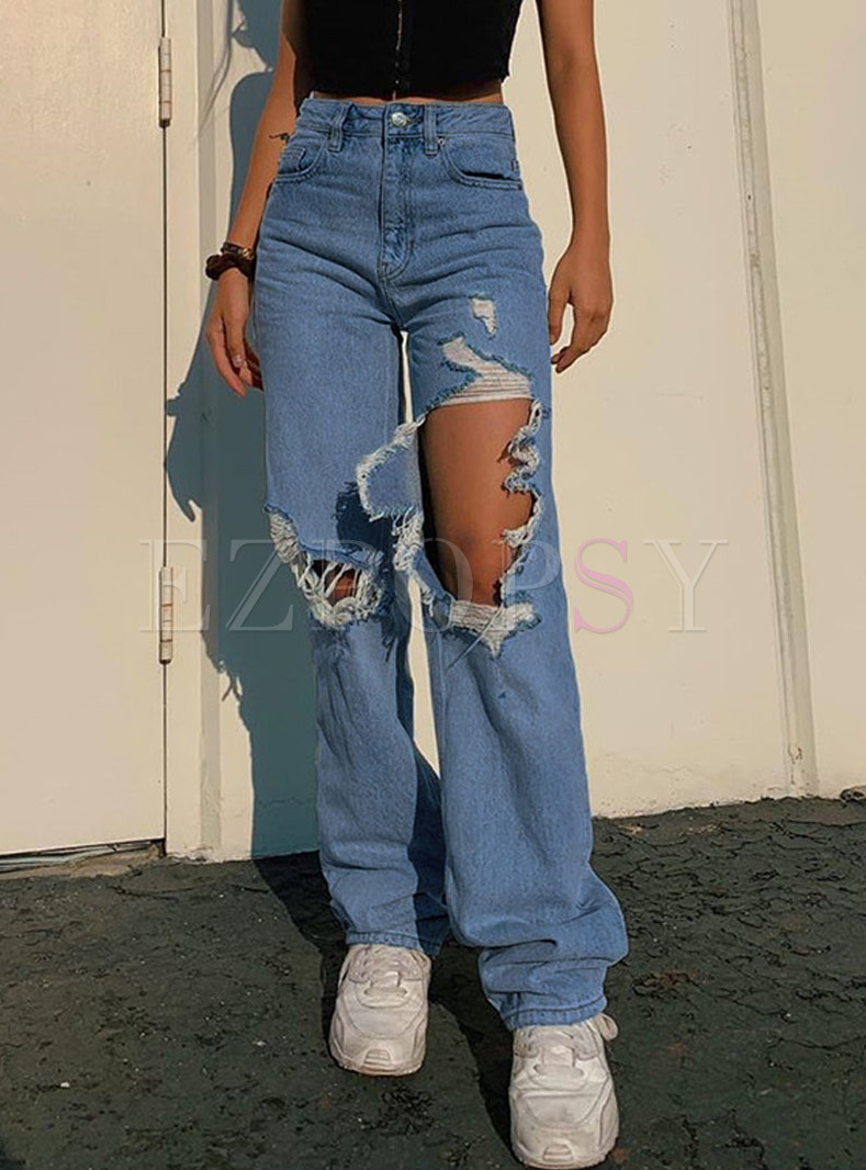 High Waisted Denim Straight Ripped Pants