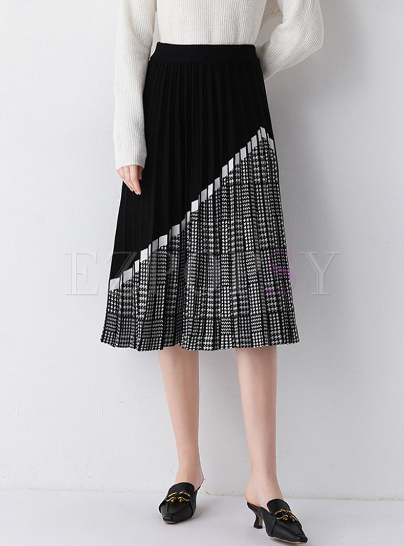 Color Block Houndstooth Pleated Skirt