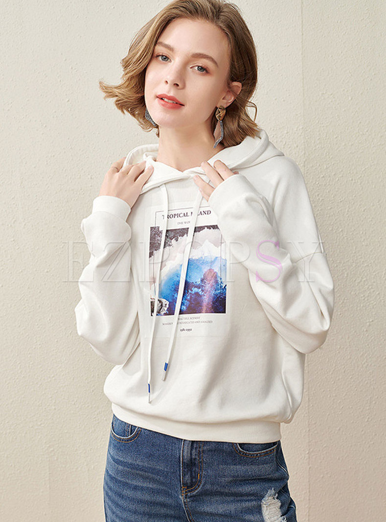 Casual Print Pullover Drawstring Hoodie