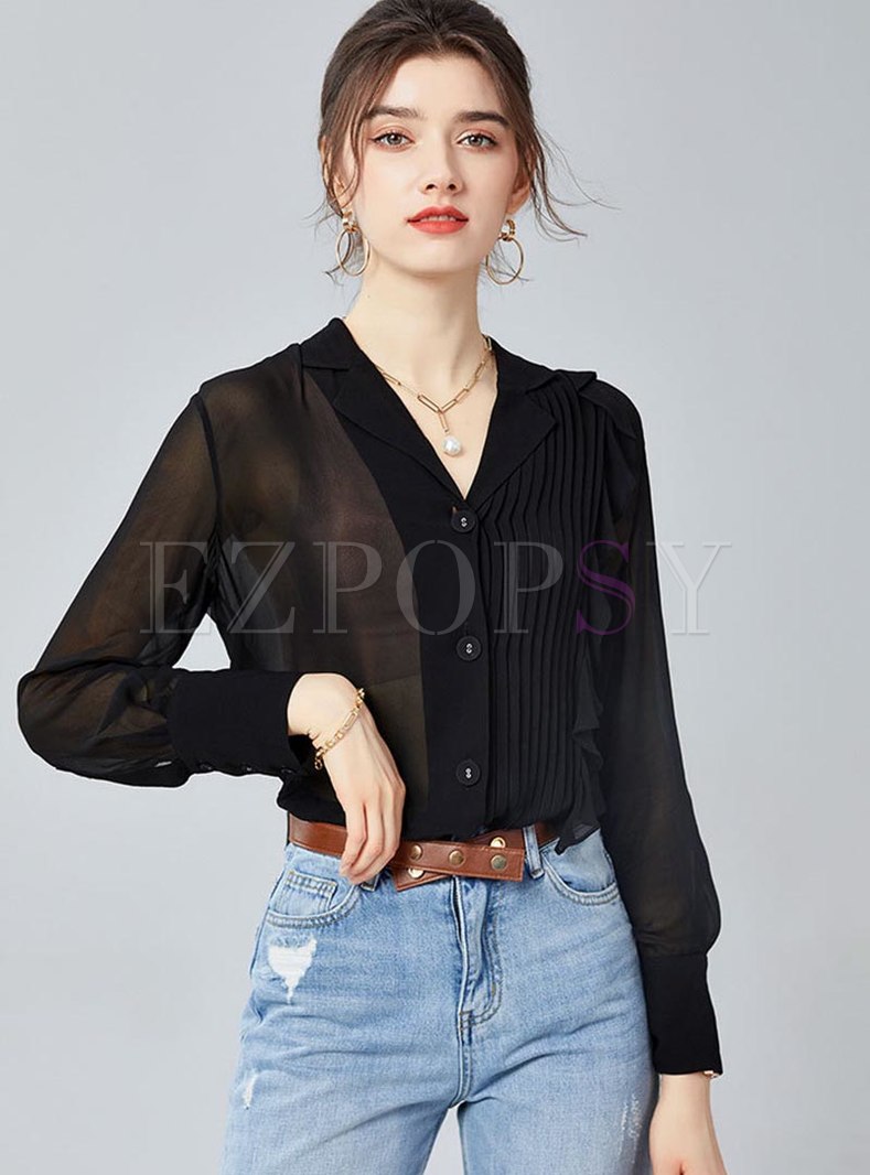 Tops | Blouses | Lapel Ruched Ruffle Loose Blouse