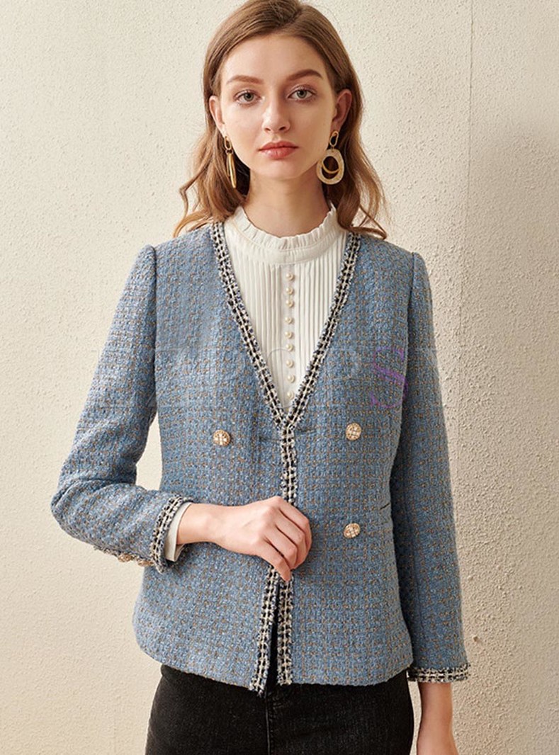 Outwear | Jackets/Coats | Tweed Plaid V-neck Long Sleeve Coat