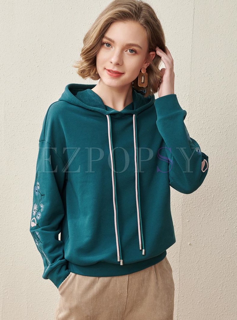 Embroidered Pullover Drawstring Hoodie