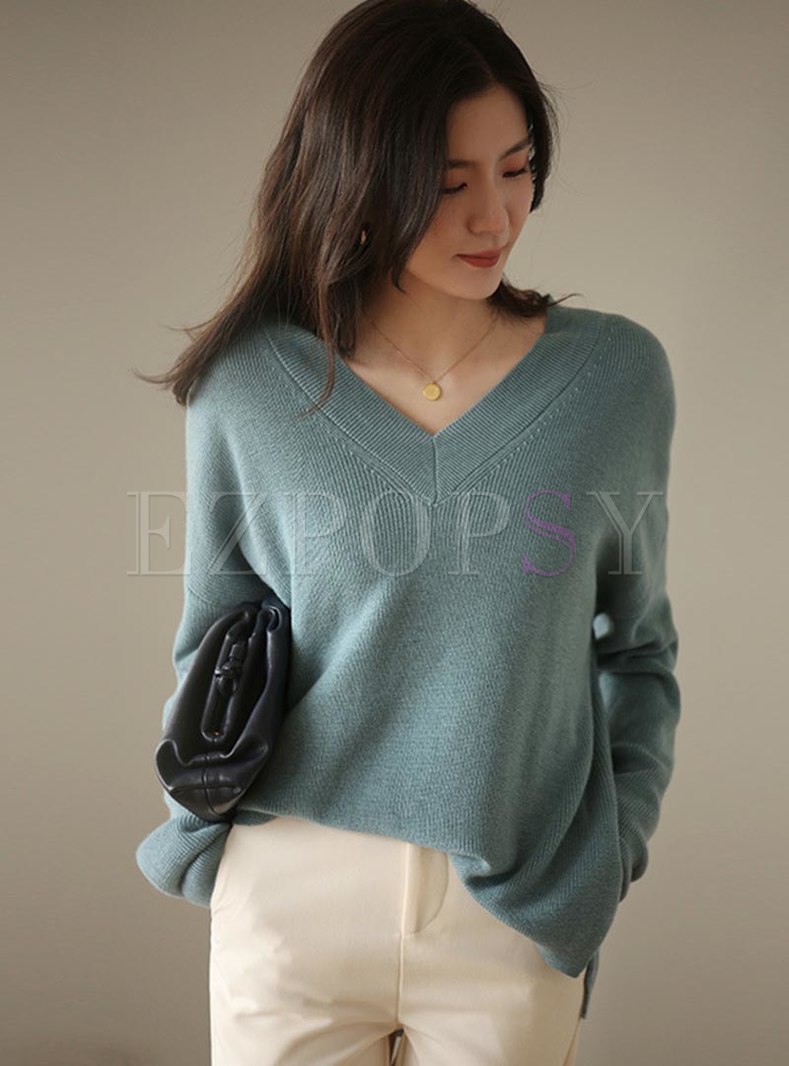 V-neck Pullover Solid Color Split Sweater