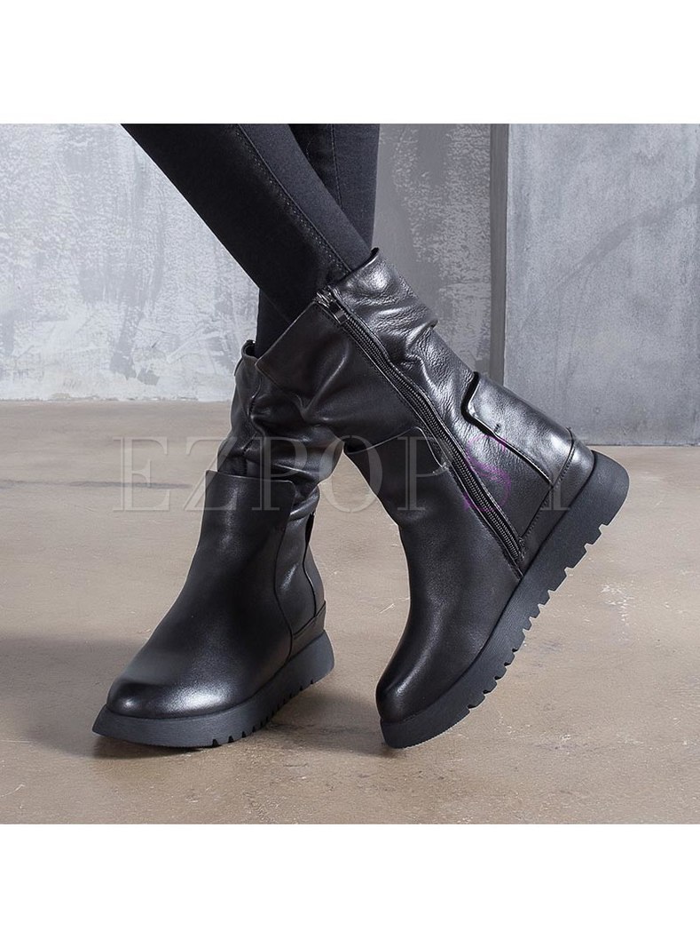 Rounded Toe Flat Ruched Cowhide Boots