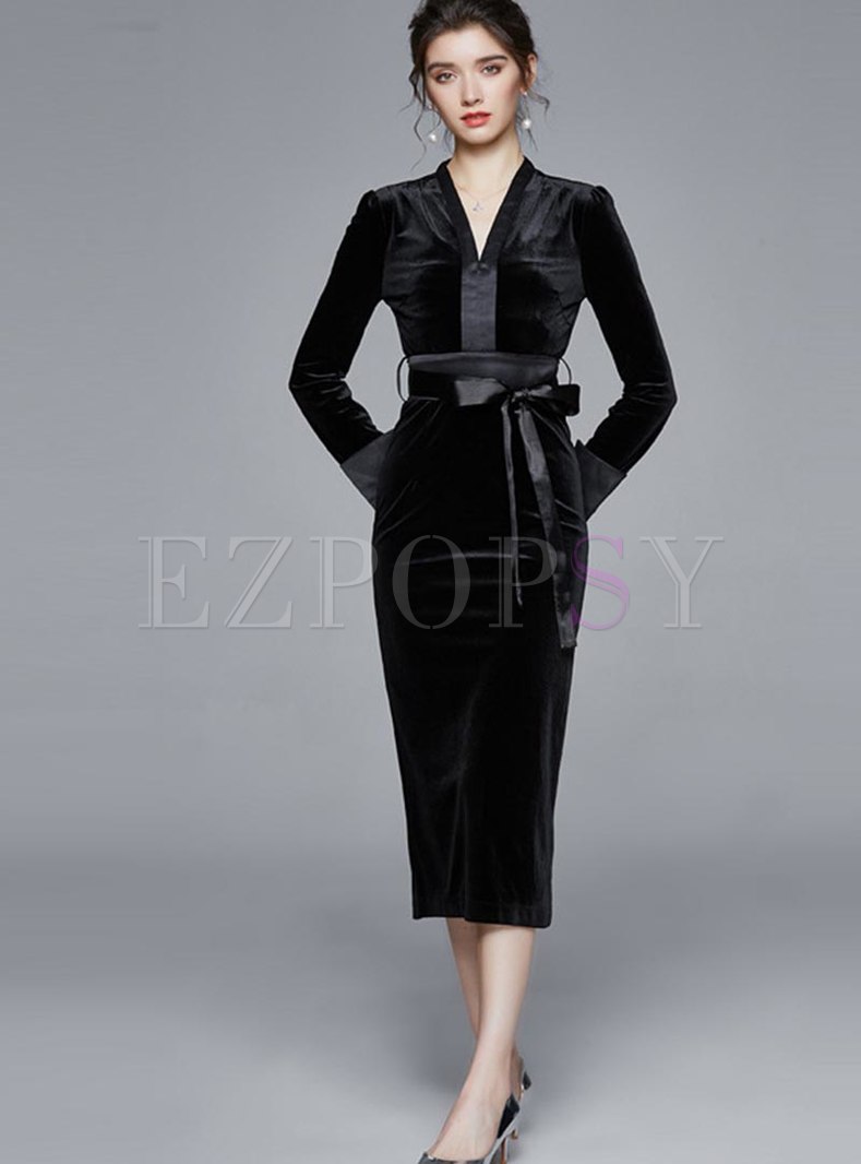 Dresses | Bodycon Dresses | Black Velvet Long Sleeve Sheath Midi Dress