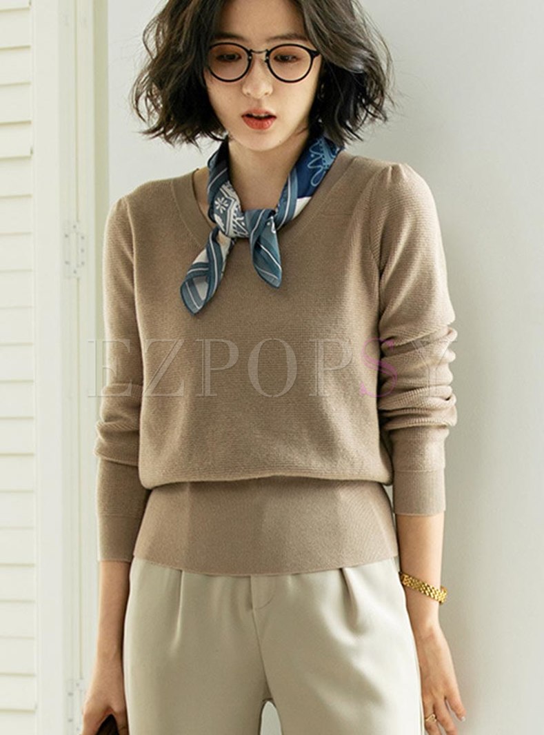 Crew Neck Pullover Solid Color Sweater