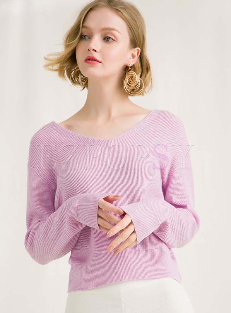 V-neck Solid Color Pullover Backless Sweater