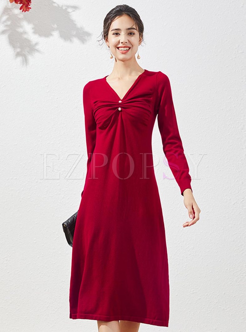 V-neck Ruched Knitted Empire Waist Dress