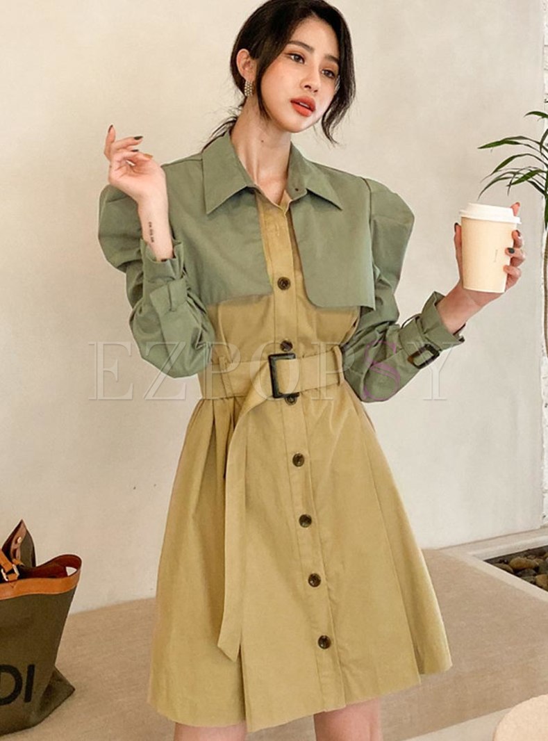 Puff Sleeve Color-blocked A Line Trench Coat