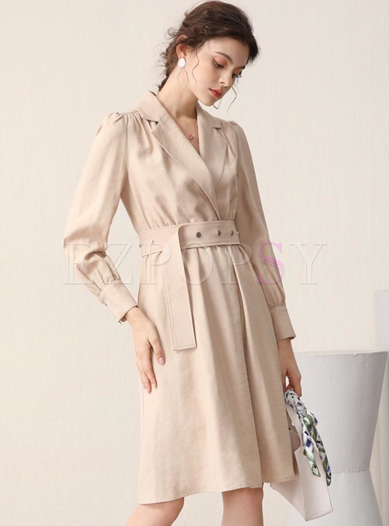 Notched Long Sleeve A Line Office Dress