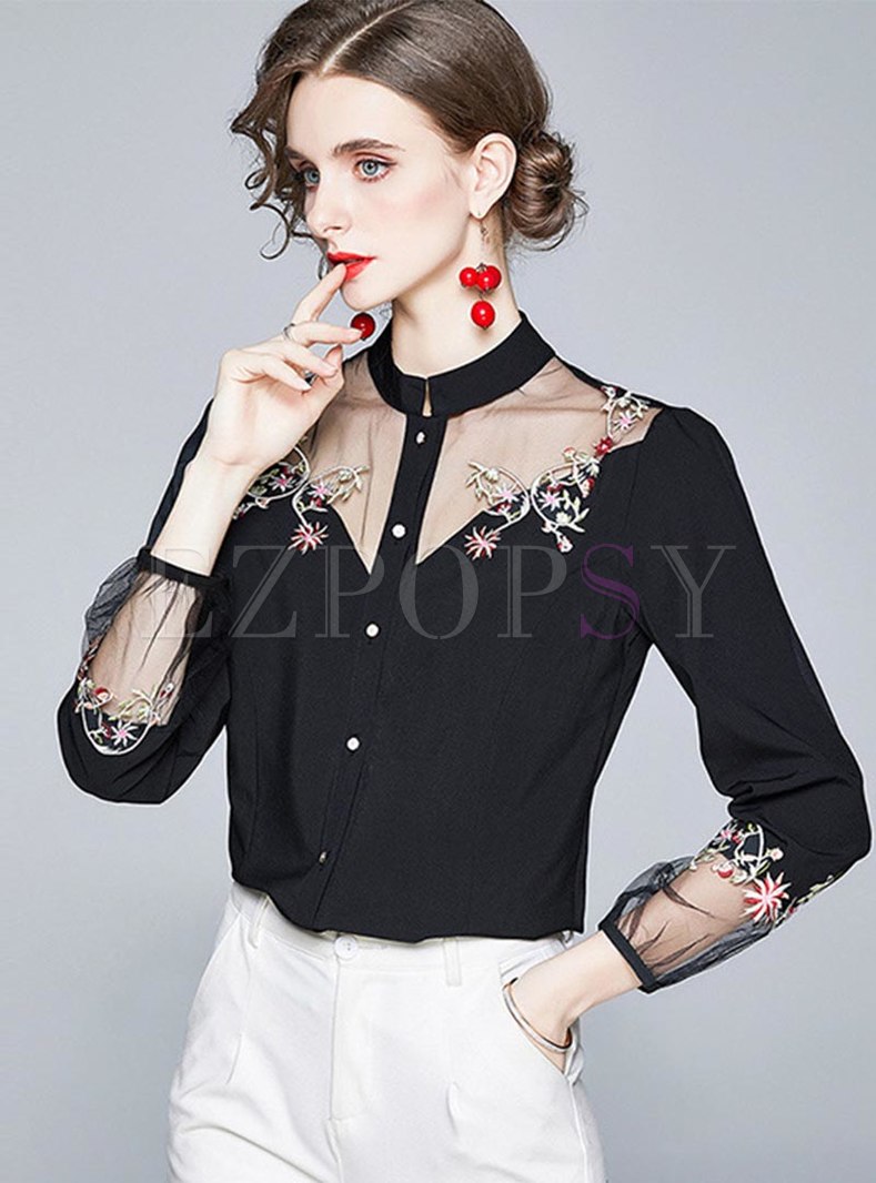 Transparent Mesh Embroidered Patchwork Blouse