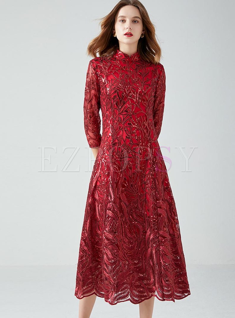 Dresses | Maxi Dresses | 3/4 Sleeve Mandarin Collar Long Evening Dress