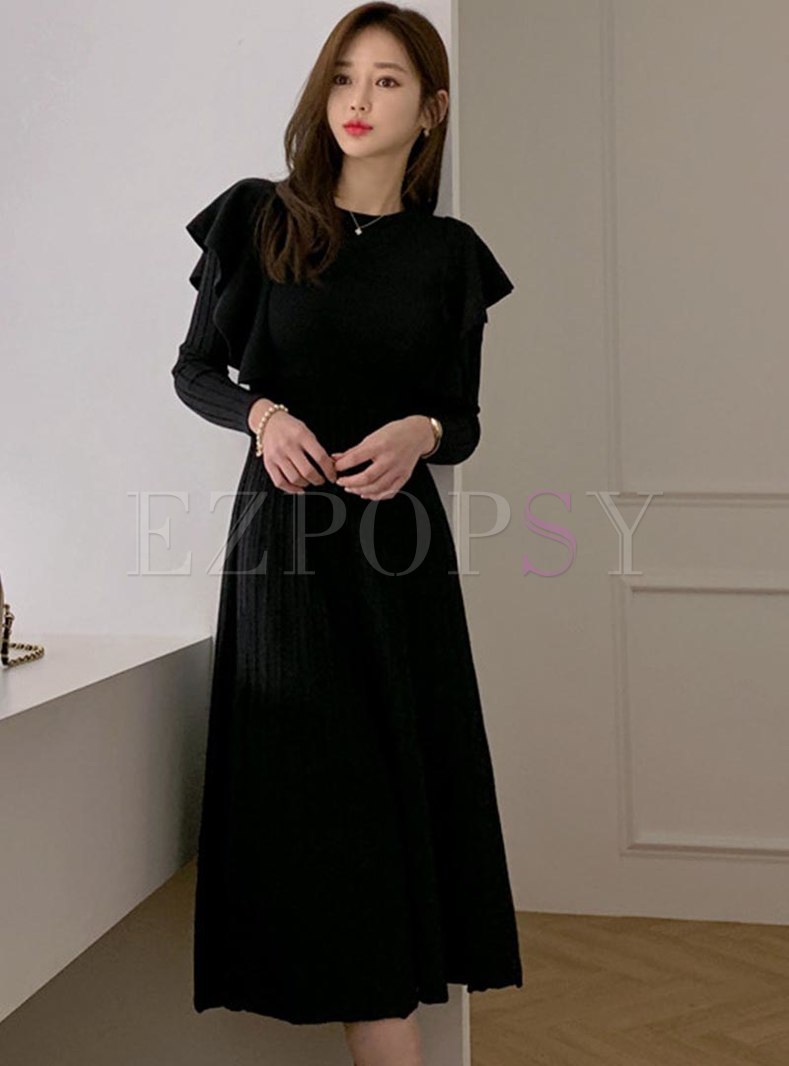 Long Sleeve Ruffle A Line Knitted Dress