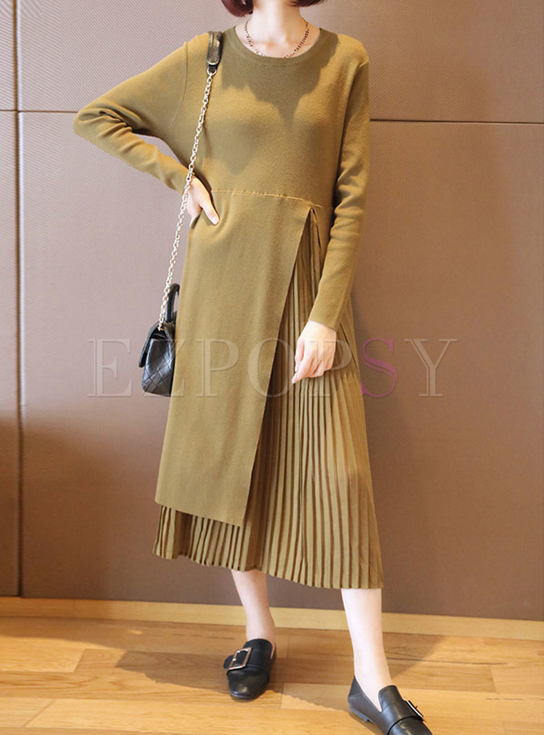 Long Sleeve Knitted Pleated Shift Dress