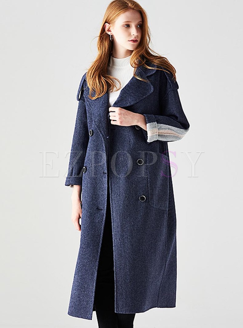 Color-blocked Lapel Double-breasted Long Peacoat