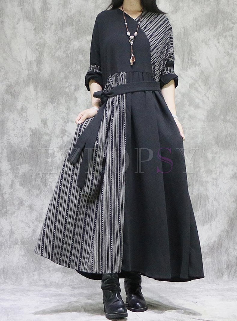 V-neck Striped Patchwork Plus Size Maxi Dress
