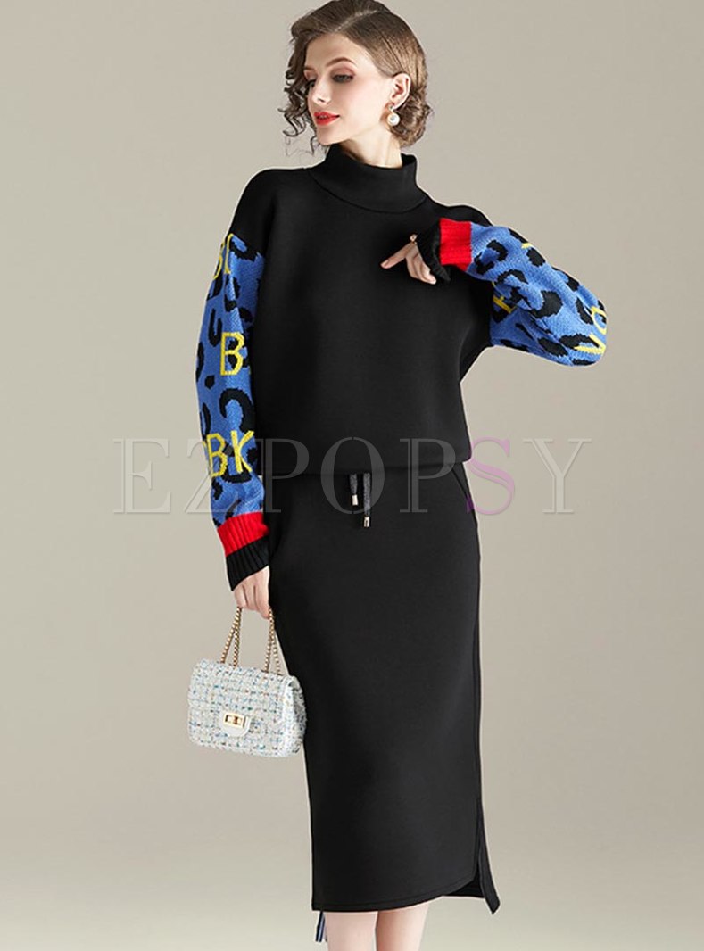 Black Letter Print Straight Knitted Skirt Suits
