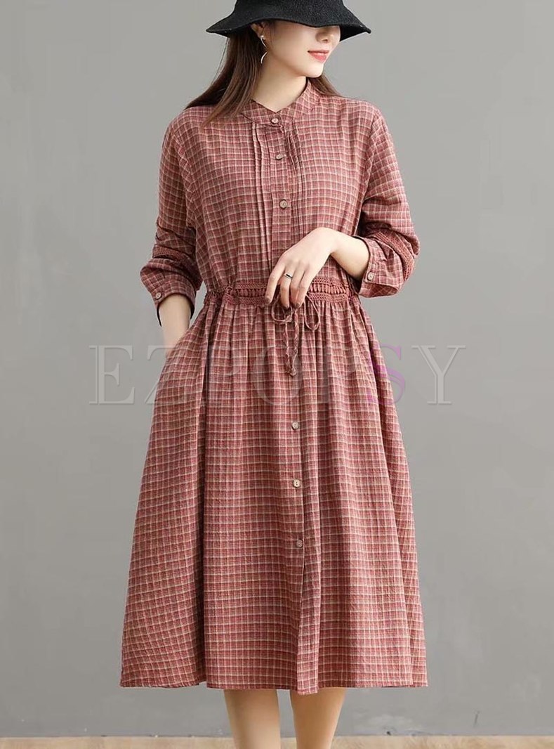 Long Sleeve Plaid Drawstring Midi Dress