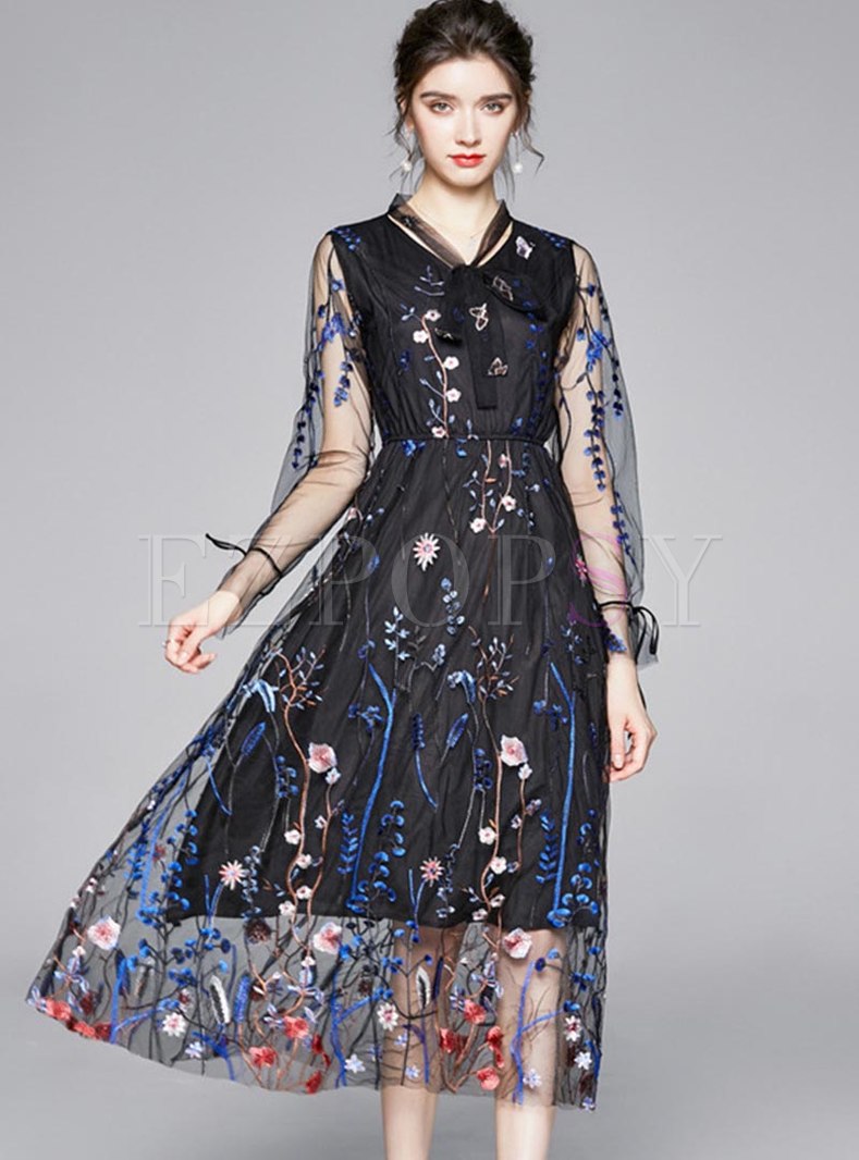 Transparent Mesh Embroidered Maxi Dress