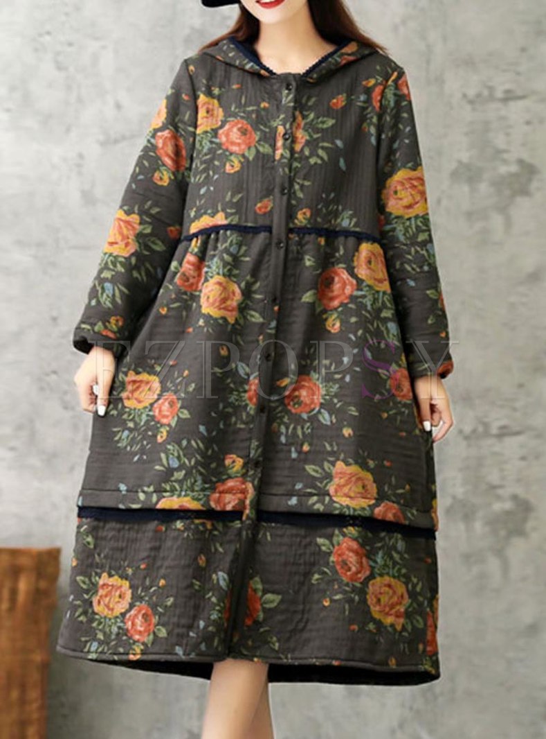 Hooded Print Straight Ruched Long Coat