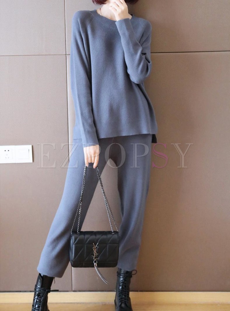 Crew Neck Long Sleeve Knitted Pant Suits
