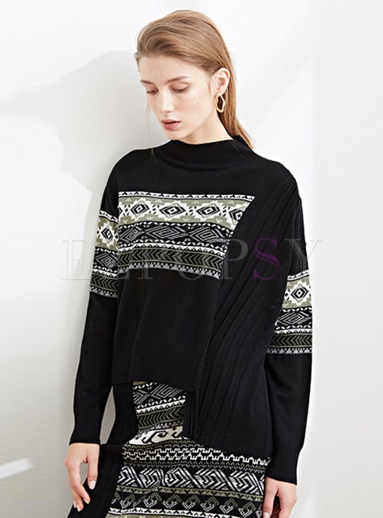 Print Turtleneck Asymmetric Loose Sweater