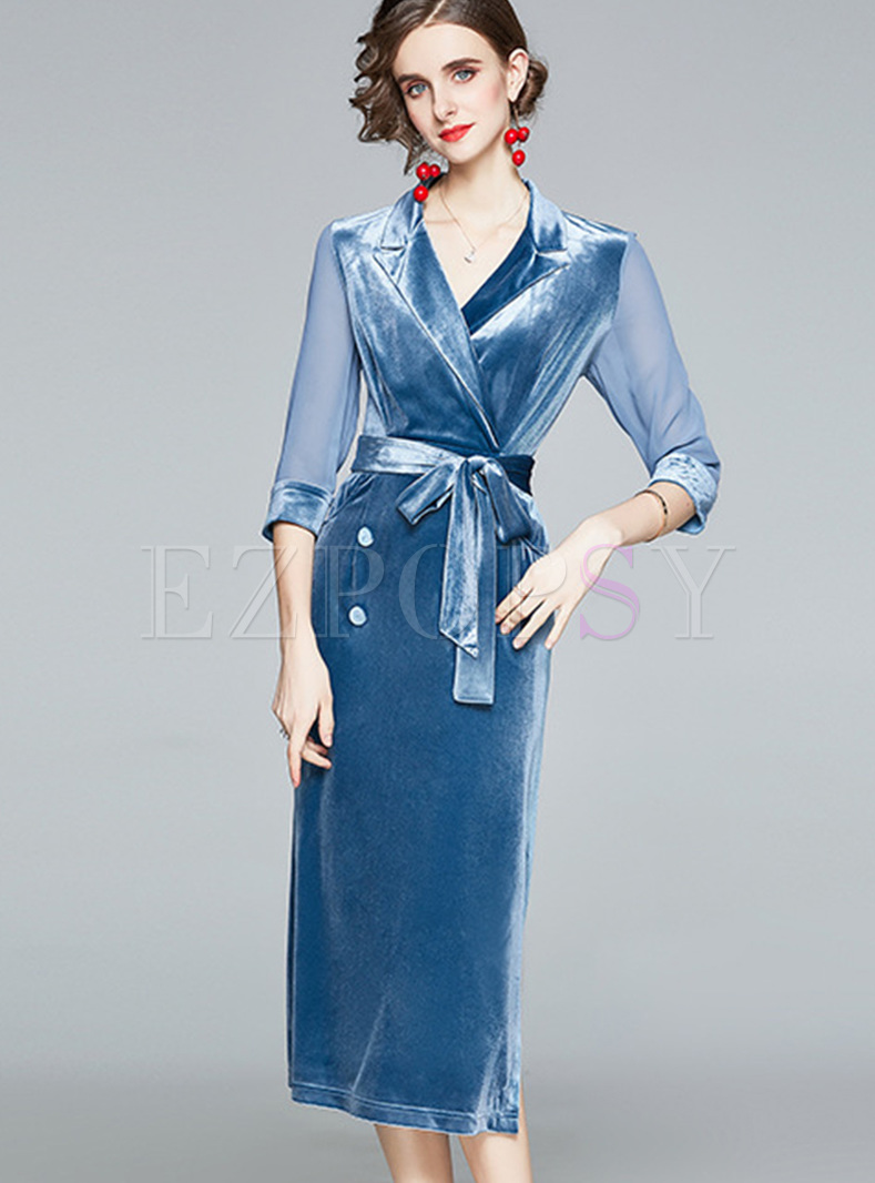 3/4 Sleeve Patchwork Velvet Midi Dress