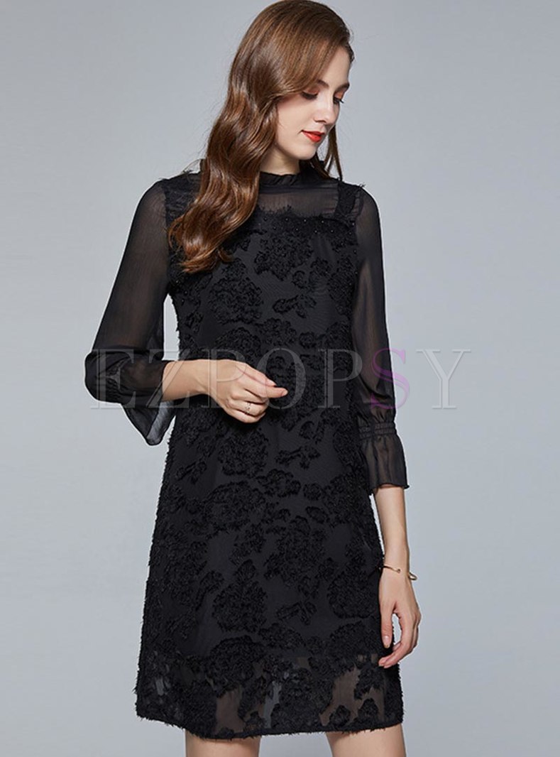 Dresses | Shift Dresses | Black Transparent Long Sleeve Knee-length Dress