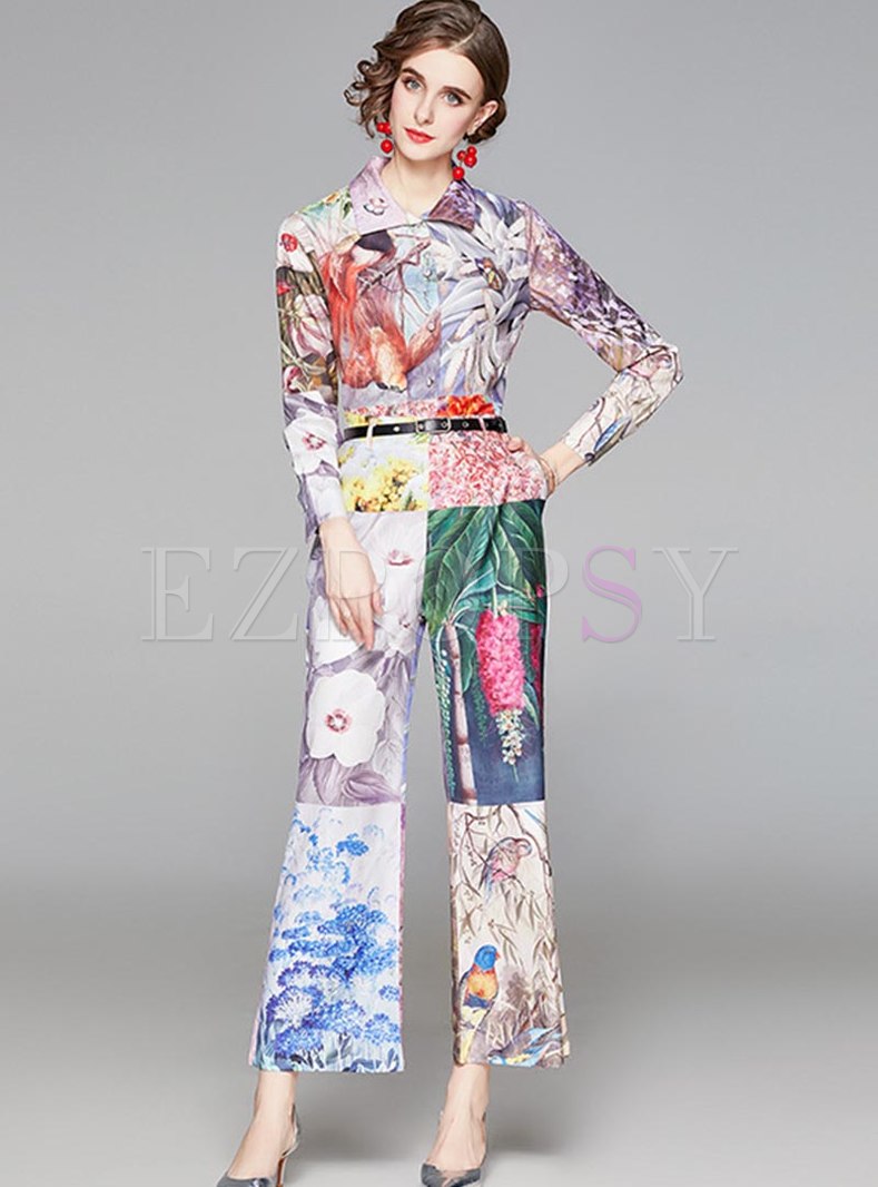 Turn Down Collar High Waisted Print Pant Suits