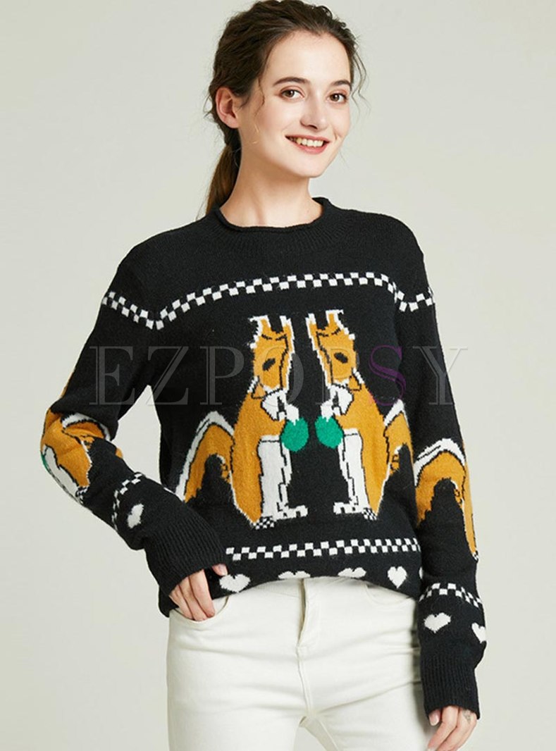 Animal Print Pullover Black Sweater
