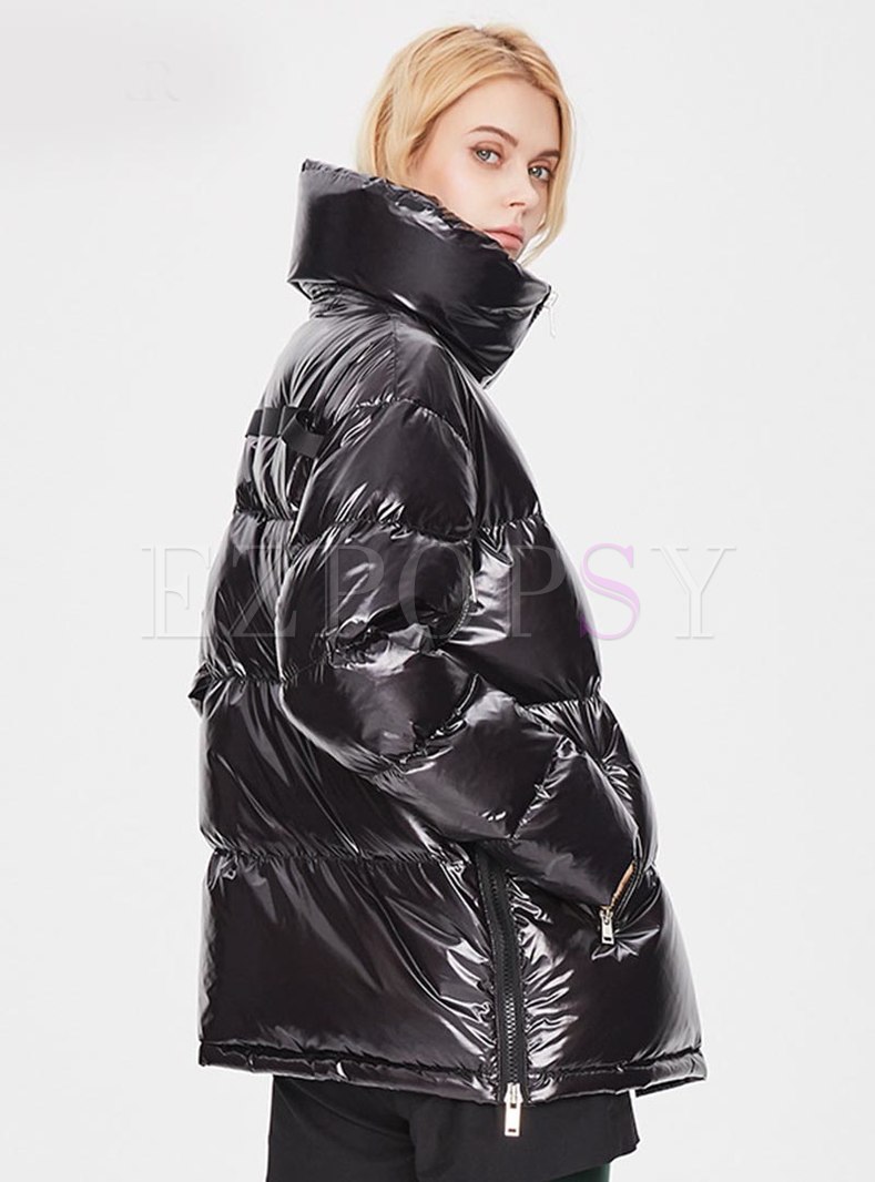 Outwear | Down Coats | Mock Neck Split Sleeve Shiny Puffer Jacket