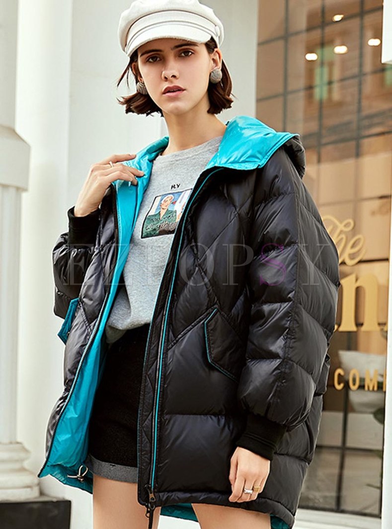 Hooded Color-blocked Loose Down Coat