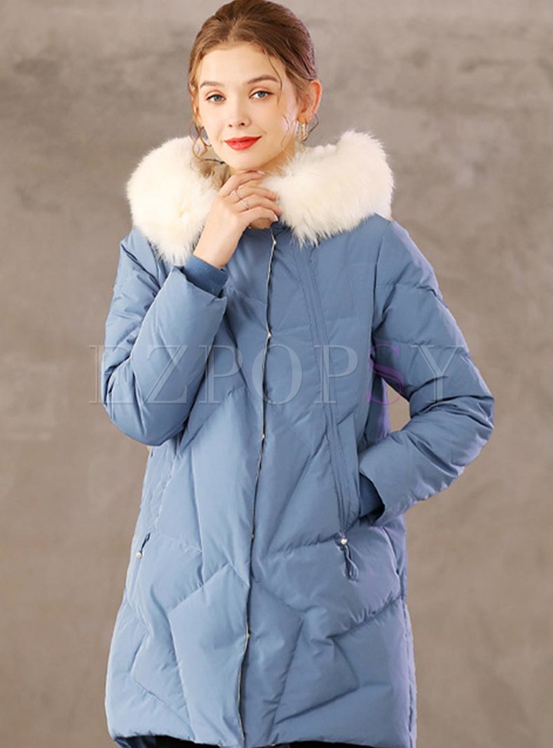 Hooded Color-blocked Down Coat Without Fur Collar