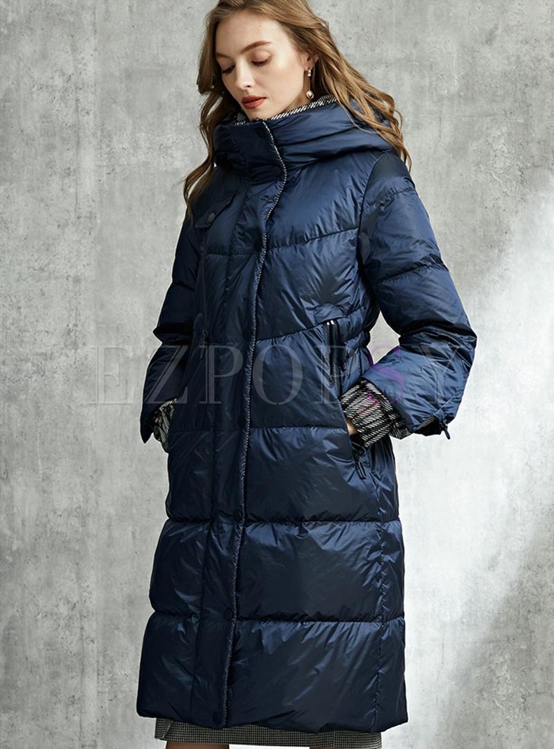 Plaid Patchwork Hooded Puffer Coat