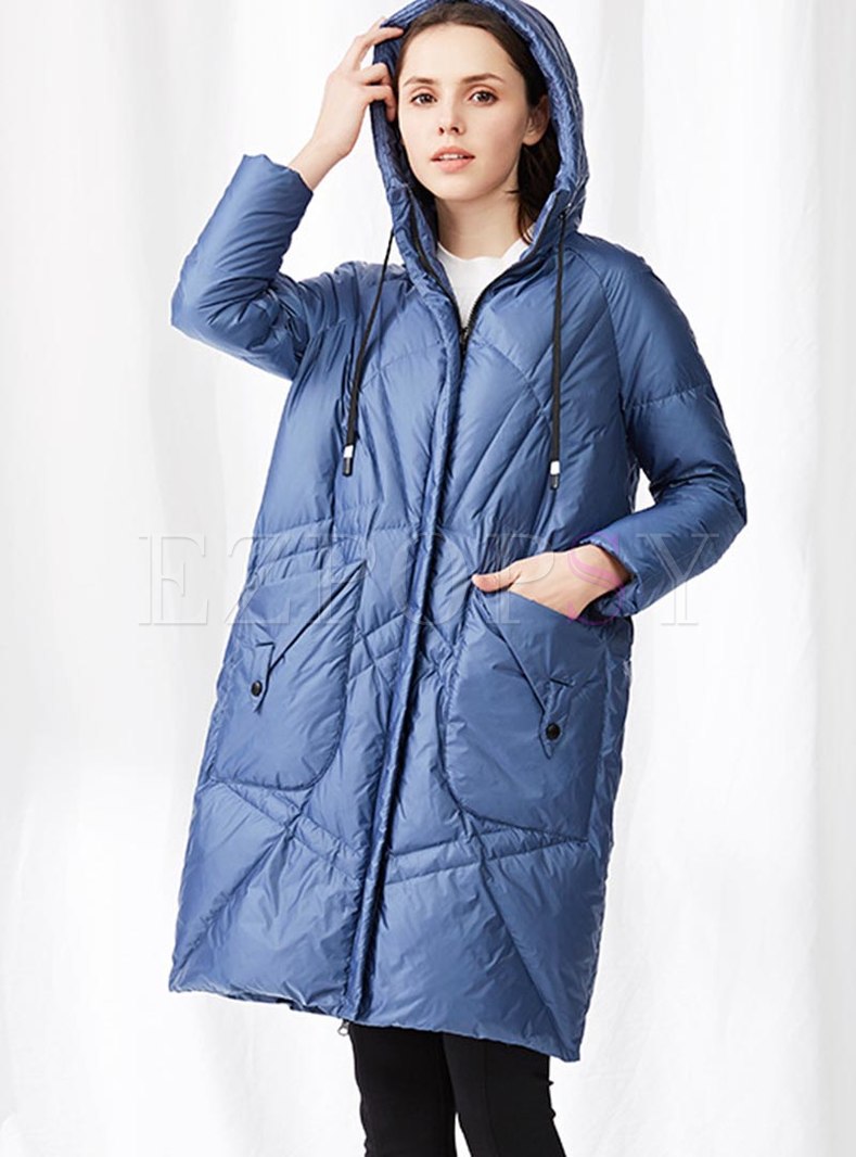 Pure Color Hooded Knee-length Down Coat