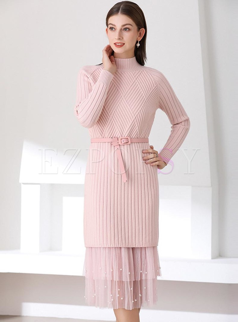 Sweet Long Sleeve Knitted Dress With Mesh Skirt