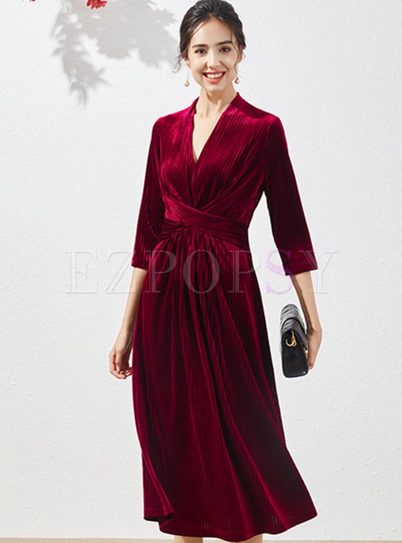 Dresses | Skater Dresses | 3/4 Sleeve Empire Waist Velvet Midi Dress