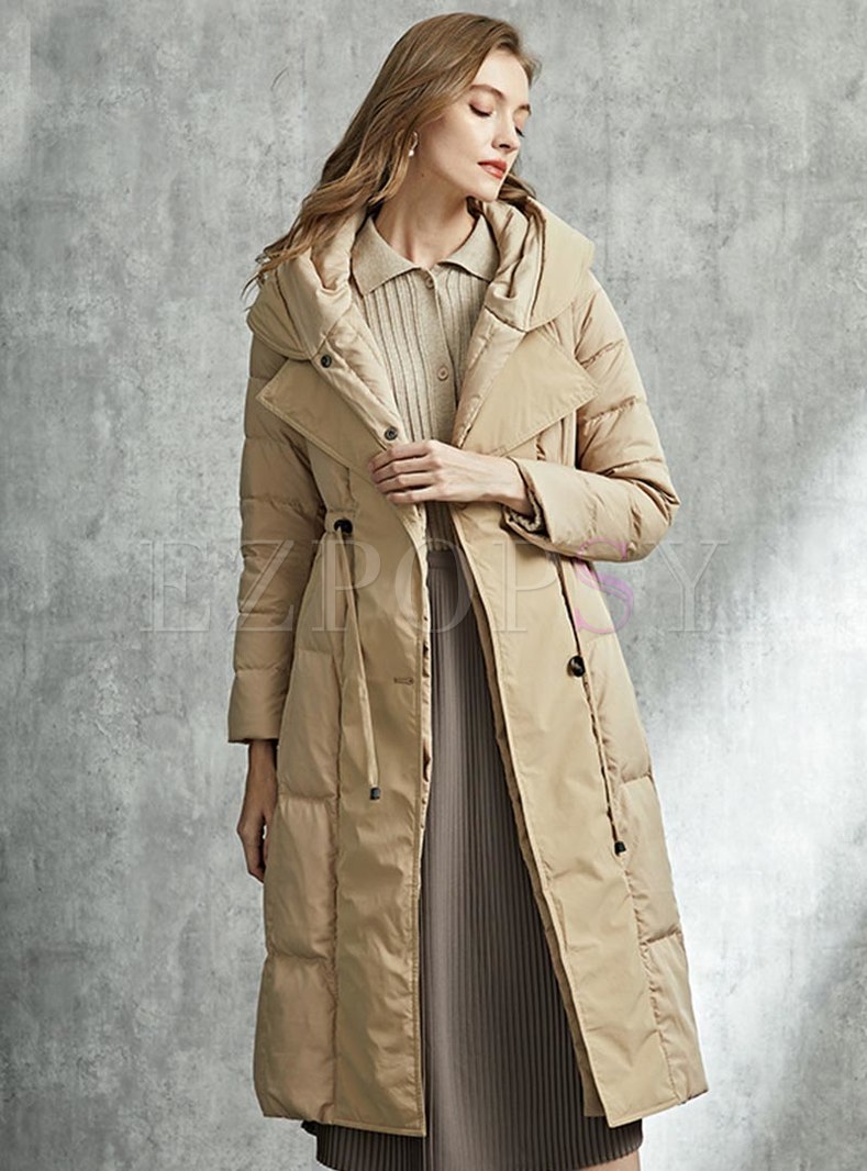 Solid Drawstring A Line Long Down Coat