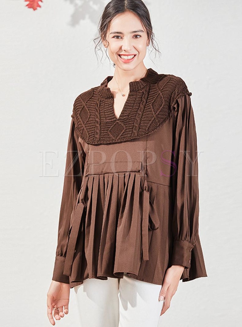 V-neck Knitted Pullover Pleated Blouse