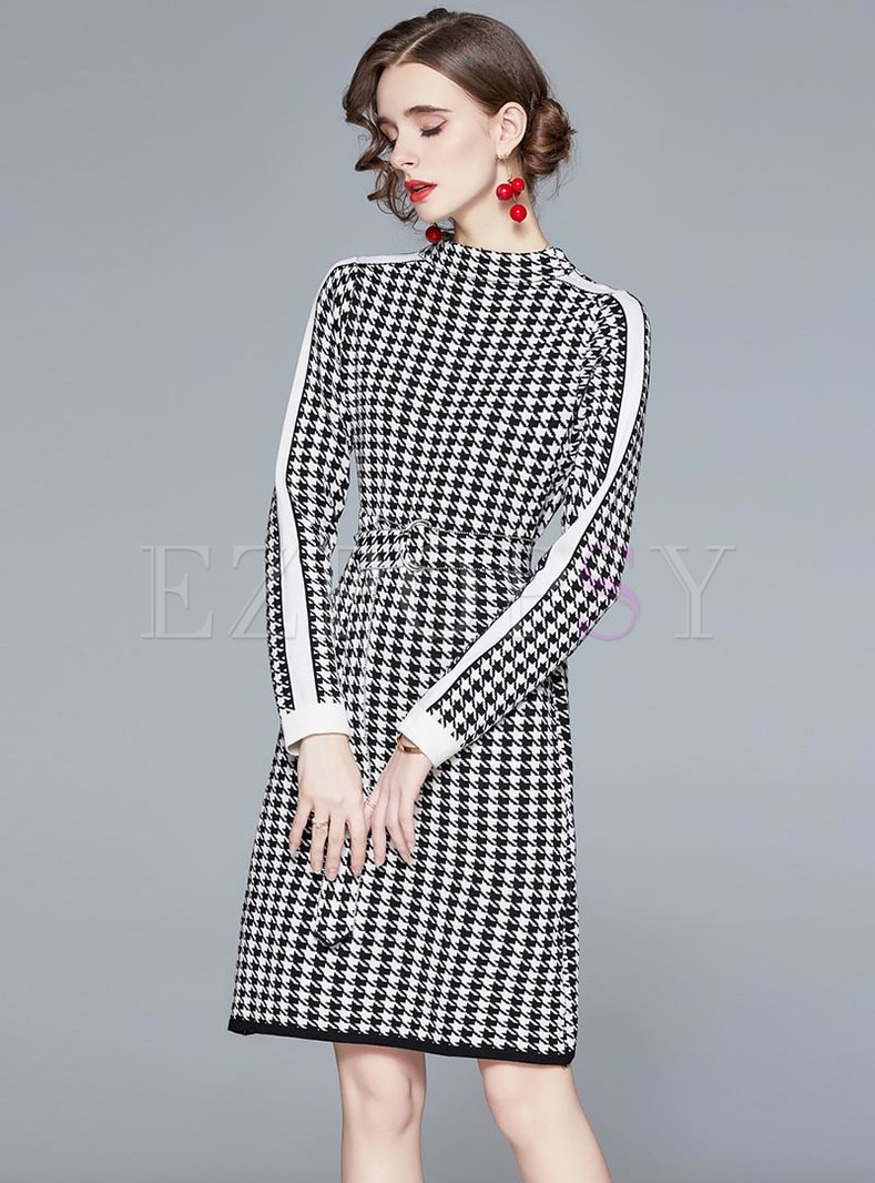 Dresses | Knitted Dresses | Mock Neck Houndstooth A Line Knitted Dress