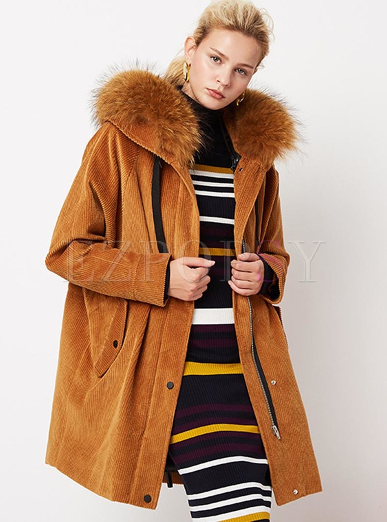 Outwear | Down Coats | Hooded Straight Knee-length Corduroy Down Coat