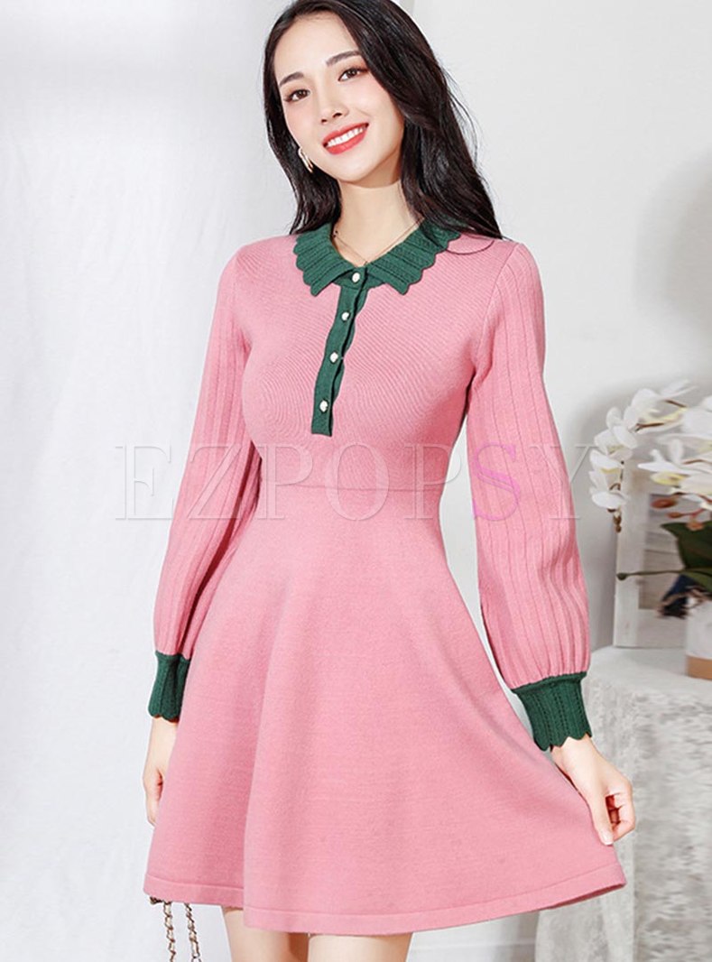 Color-blocked High Waisted A Line Knitted Dress