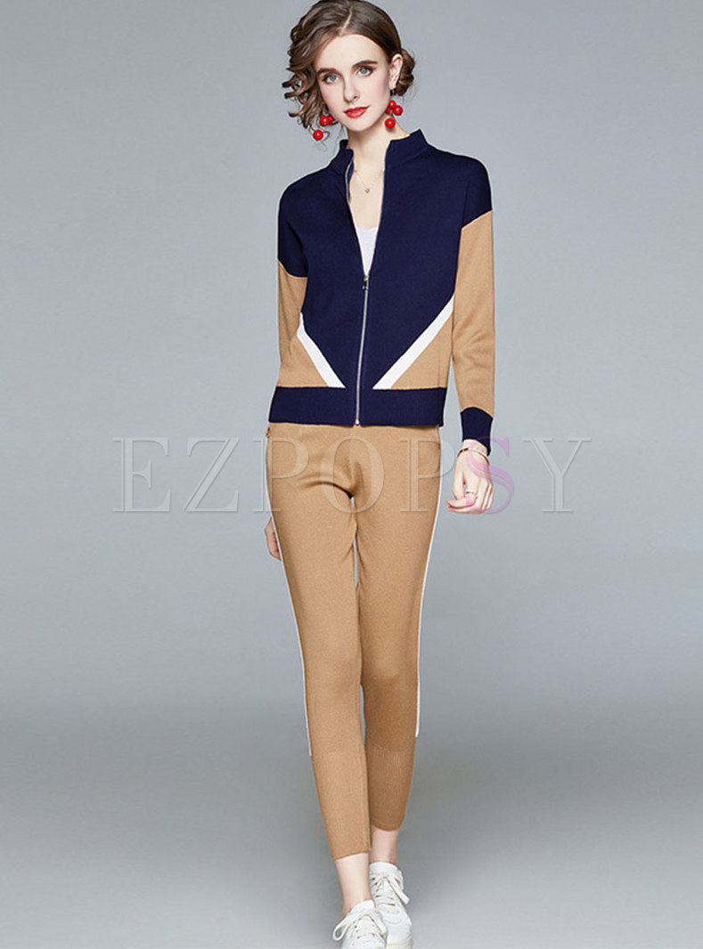 Color-blocked Mock Neck Slim Knitted Pant Suits
