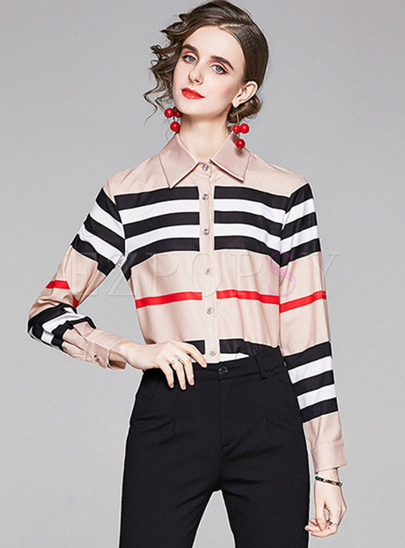 Lapel Color-blocked Striped Slim Shirt
