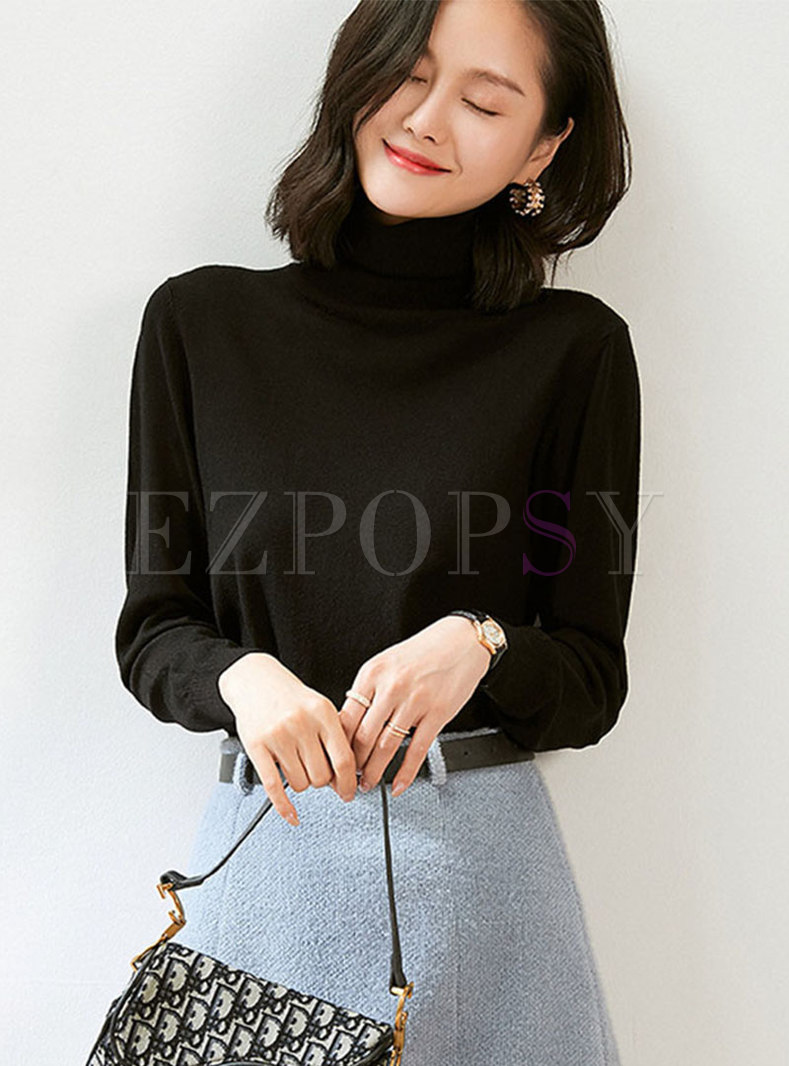 Brief Solid Turtleneck Pullover Sweater