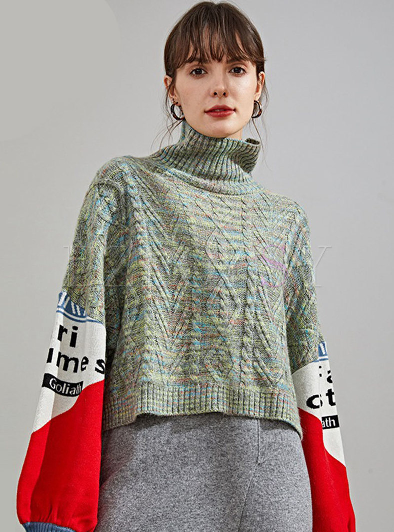 Letter Print Color-blocked Cropped Sweater
