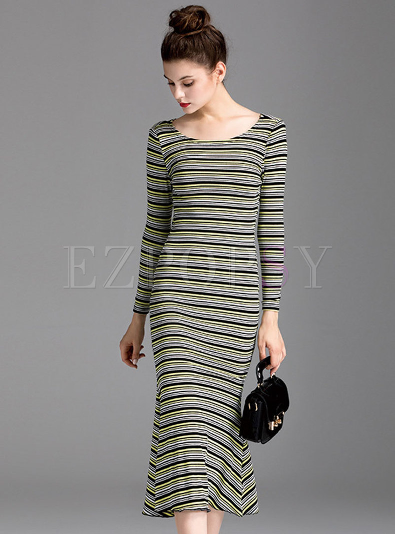 Long Sleeve Striped Sweater Peplum Dress