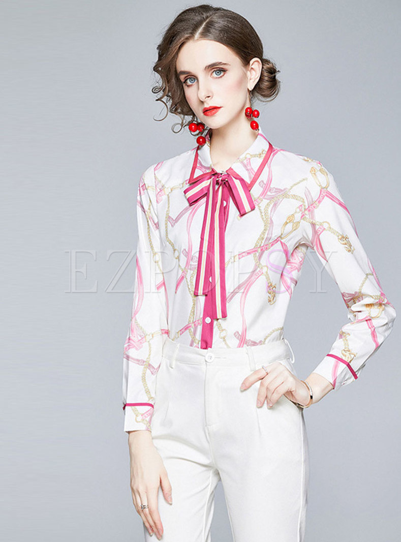 Tops | Blouses | Print Single-breasted Bowknot Slim Blouse