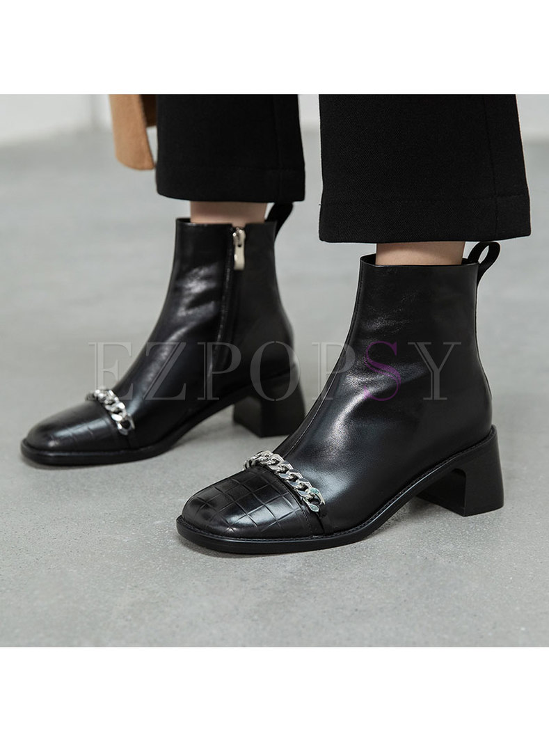 Square Toe Chain Patchwork Ankle Boots