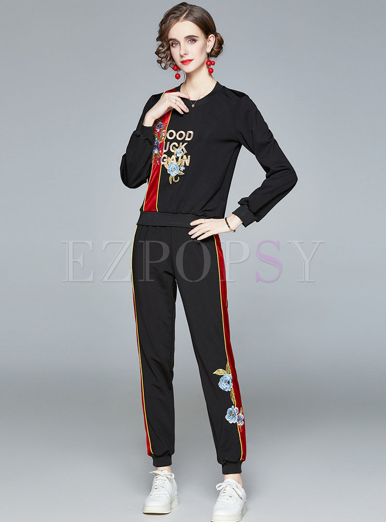 Crew Neck Letter Embroidered Casual Pant Suits
